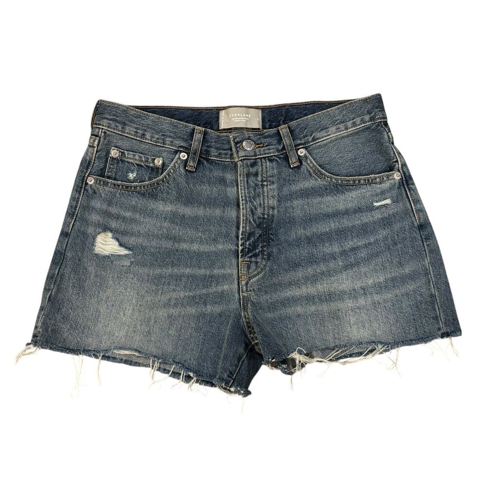 Everlane Relaxed Fit High Rise Button Fly Blue Frayed Hem Denim Shorts Size 27